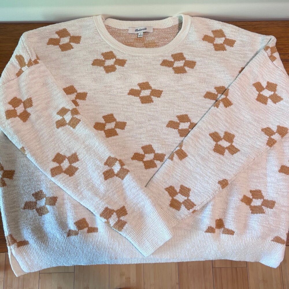 Madewell sz S Geometric Knit Sweater Cream Mustard Cotton Blend Crewneck - Picture 3 of 5